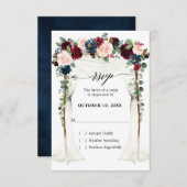 Burgundy Blush Navy Floral Arch Canopy Weddenschap RSVP Kaartje (Voorkant / Achterkant)
