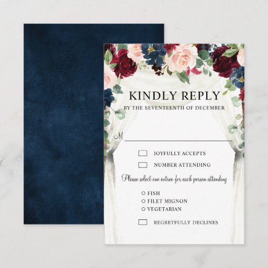 Burgundy Blush Navy Floral Arch Canopy Weddenschap RSVP Kaartje (Voorkant / Achterkant)