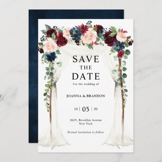 Burgundy Blush Navy Floral Arch Canopy Weddenschap Save The Date (Voorkant / Achterkant)