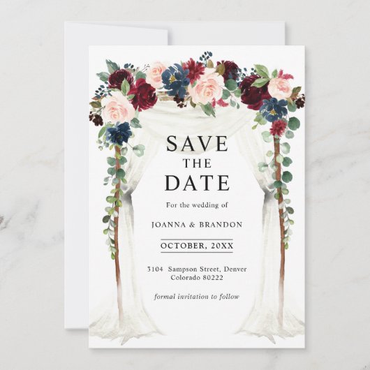 Burgundy Blush Navy Floral Arch Canopy Weddenschap Save The Date (Voorkant)