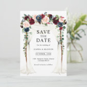 Burgundy Blush Navy Floral Arch Canopy Weddenschap Save The Date (Staand voorkant)