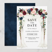 Burgundy Blush Navy Floral Arch Canopy Weddenschap Save The Date (Voorkant / Achterkant)