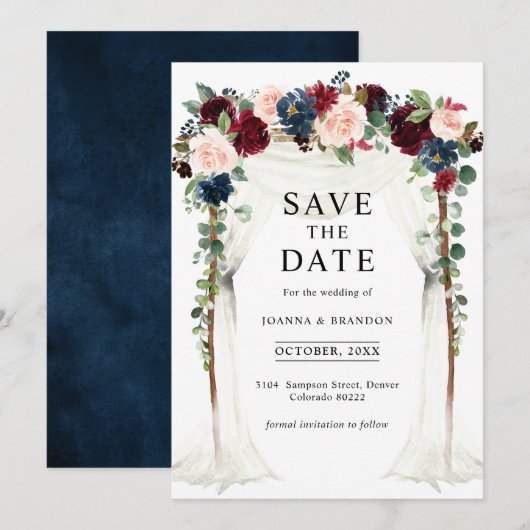 Burgundy Blush Navy Floral Arch Canopy Weddenschap Save The Date (Voorkant / Achterkant)