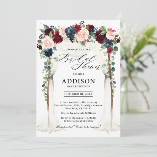 Burgundy Blush Navy Floral Arch Vrijgezellenfeest Kaart (Staand voorkant)