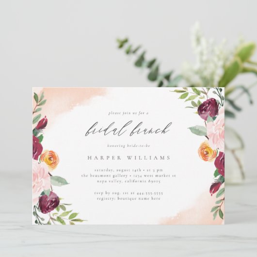 Burgundy Blush Navy Floral Botanical Bridal Brunch Kaart (Staand voorkant)