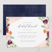 Burgundy Blush Navy Floral Botanical Bridal Brunch Kaart (Voorkant / Achterkant)