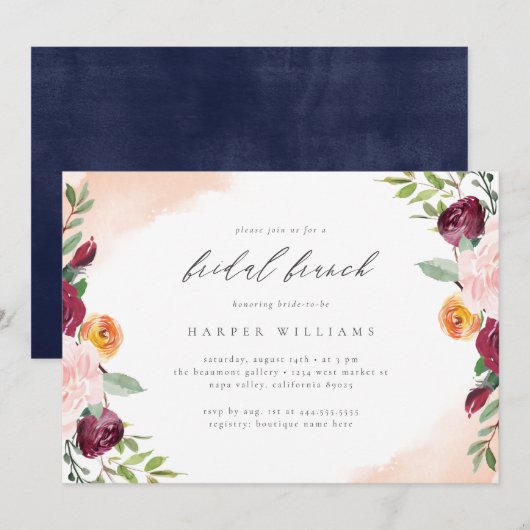 Burgundy Blush Navy Floral Botanical Bridal Brunch Kaart (Voorkant / Achterkant)