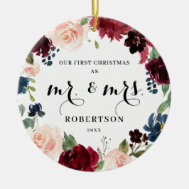 Burgundy Blush Navy Floral eerste kerst Keramisch Ornament