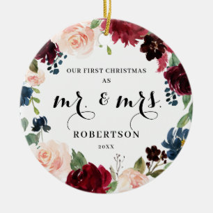 Burgundy Blush Navy Floral eerste kerst Keramisch Ornament