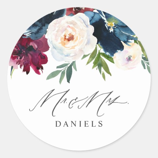 Burgundy Blush & Navy Floral Mr & Mrs Wedding Ronde Sticker (Voorkant)
