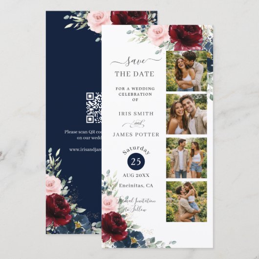 Burgundy Blush Navy Floral Photo Booth Wedding QR  Save The Date (Voorkant / Achterkant)