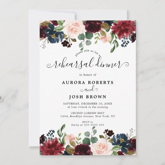 Burgundy Blush Navy Floral Rehearsal Dinner Kaart (Voorkant)
