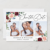 Burgundy Blush Navy Floral Rozen 3 PHOTO Weddensch Save The Date (Voorkant)