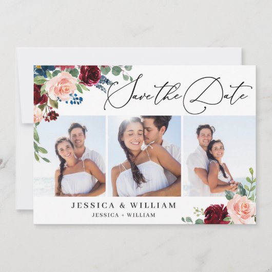 Burgundy Blush Navy Floral Rozen 3 PHOTO Weddensch Save The Date (Voorkant)