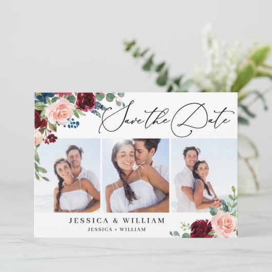 Burgundy Blush Navy Floral Rozen 3 PHOTO Weddensch Save The Date (Staand voorkant)