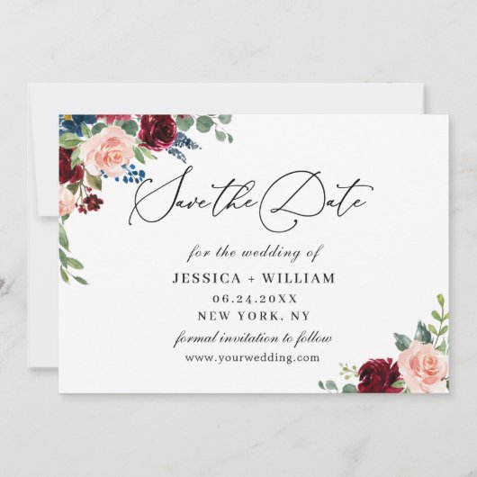 Burgundy Blush Navy Floral Rozen 3 PHOTO Weddensch Save The Date (Achterkant)