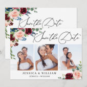 Burgundy Blush Navy Floral Rozen 3 PHOTO Weddensch Save The Date (Voorkant / Achterkant)