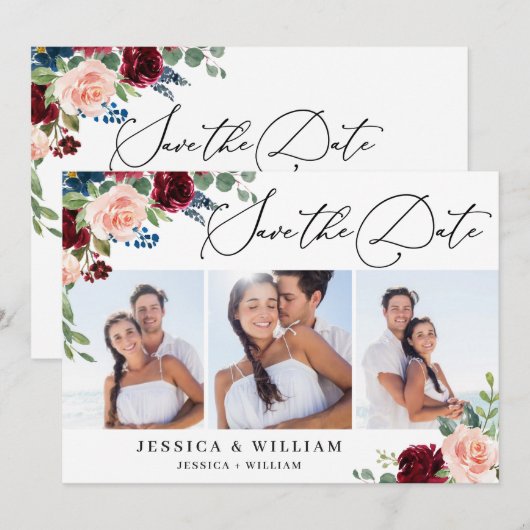 Burgundy Blush Navy Floral Rozen 3 PHOTO Weddensch Save The Date (Voorkant / Achterkant)