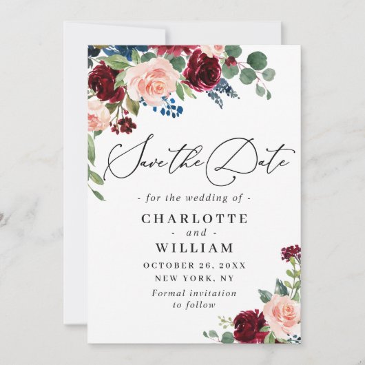 Burgundy Blush Navy Floral Rozen bruiloft Save The Date (Voorkant)