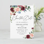 Burgundy Blush Navy Floral Rozen bruiloft Save The Date (Staand voorkant)