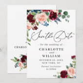 Burgundy Blush Navy Floral Rozen bruiloft Save The Date (Voorkant / Achterkant)