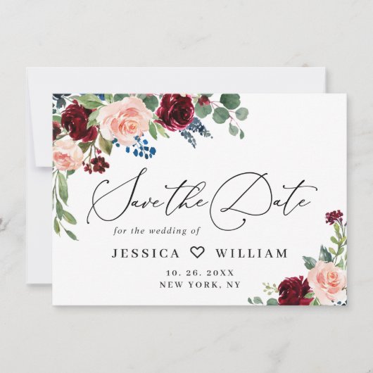 Burgundy Blush Navy Floral Rozen bruiloft Save The Date (Voorkant)