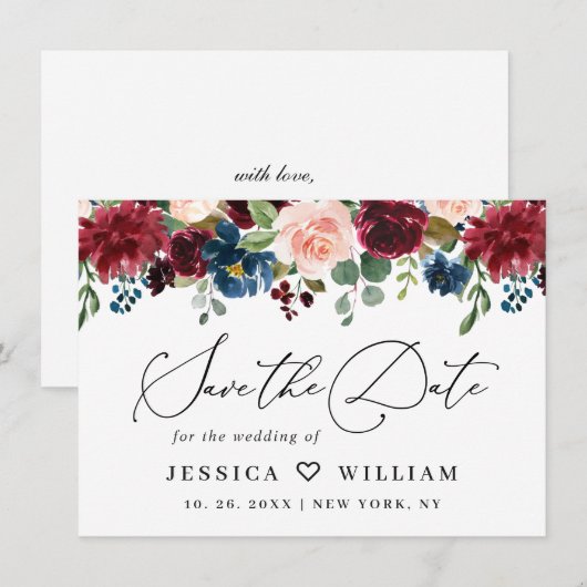 Burgundy Blush Navy Floral Rozen bruiloft Save The Date (Voorkant / Achterkant)