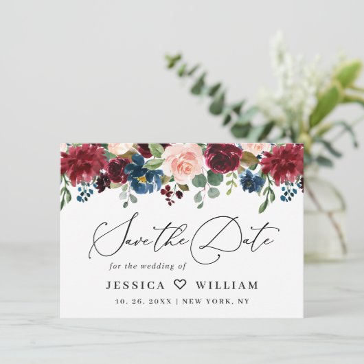 Burgundy Blush Navy Floral Rozen bruiloft Save The Date (Staand voorkant)
