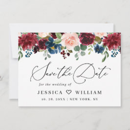 Burgundy Blush Navy Floral Rozen bruiloft Save The Date