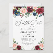 Burgundy Blush Navy Floral Rozen bruiloft Save The Date (Voorkant)