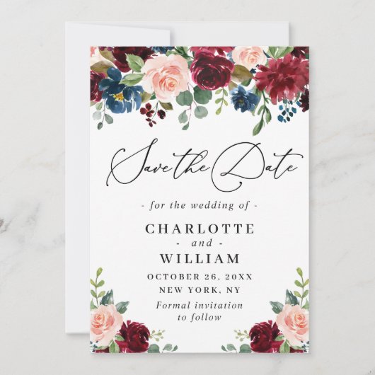Burgundy Blush Navy Floral Rozen bruiloft Save The Date (Voorkant)