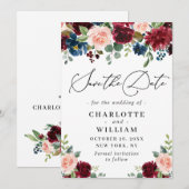 Burgundy Blush Navy Floral Rozen bruiloft Save The Date (Voorkant / Achterkant)
