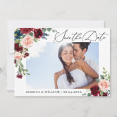 Burgundy Blush Navy Floral Rozen PHOTO Weddenschap Save The Date (Voorkant)