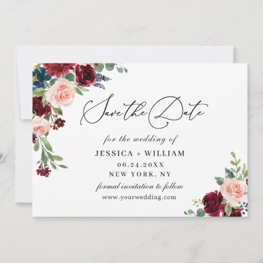 Burgundy Blush Navy Floral Rozen PHOTO Weddenschap Save The Date (Achterkant)