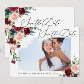 Burgundy Blush Navy Floral Rozen PHOTO Weddenschap Save The Date (Voorkant / Achterkant)