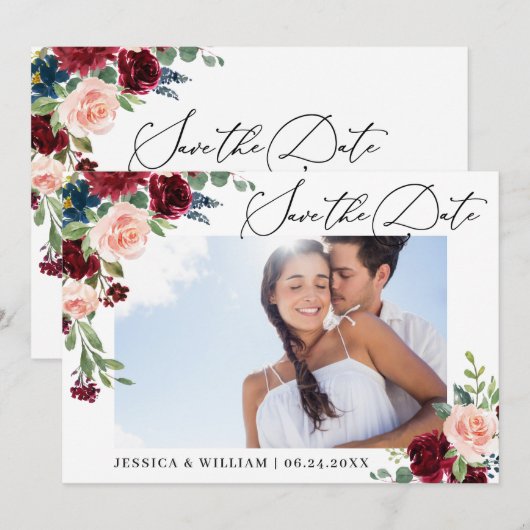 Burgundy Blush Navy Floral Rozen PHOTO Weddenschap Save The Date (Voorkant / Achterkant)