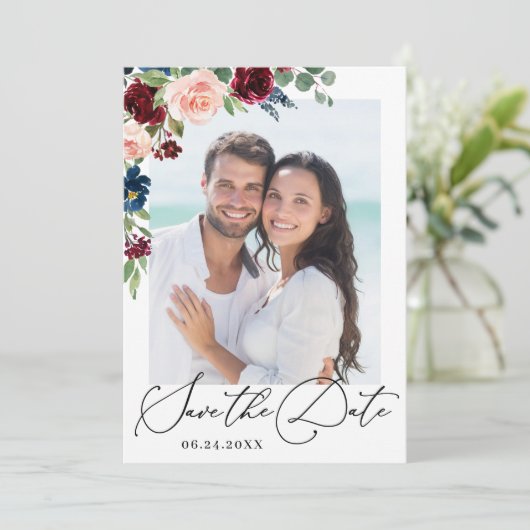 Burgundy Blush Navy Floral Rozen PHOTO Wedding Sav Save The Date (Staand voorkant)