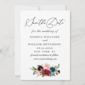 Burgundy Blush Navy Floral Rozen PHOTO Wedding Sav Save The Date (Achterkant)