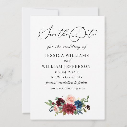 Burgundy Blush Navy Floral Rozen PHOTO Wedding Sav Save The Date (Achterkant)