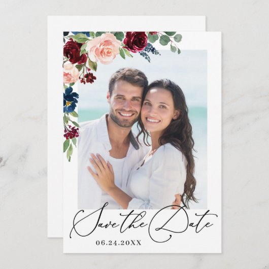Burgundy Blush Navy Floral Rozen PHOTO Wedding Sav Save The Date (Voorkant / Achterkant)