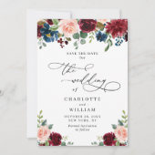 Burgundy Blush Navy Floral Rozen Rustic Wedding Save The Date (Voorkant)