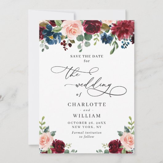 Burgundy Blush Navy Floral Rozen Rustic Wedding Save The Date (Voorkant)