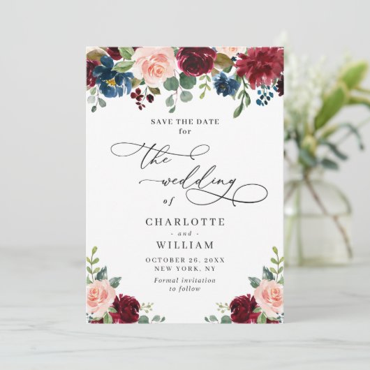 Burgundy Blush Navy Floral Rozen Rustic Wedding Save The Date (Staand voorkant)