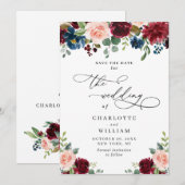 Burgundy Blush Navy Floral Rozen Rustic Wedding Save The Date (Voorkant / Achterkant)