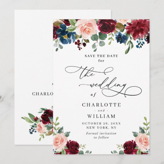 Burgundy Blush Navy Floral Rozen Rustic Wedding Save The Date (Voorkant / Achterkant)