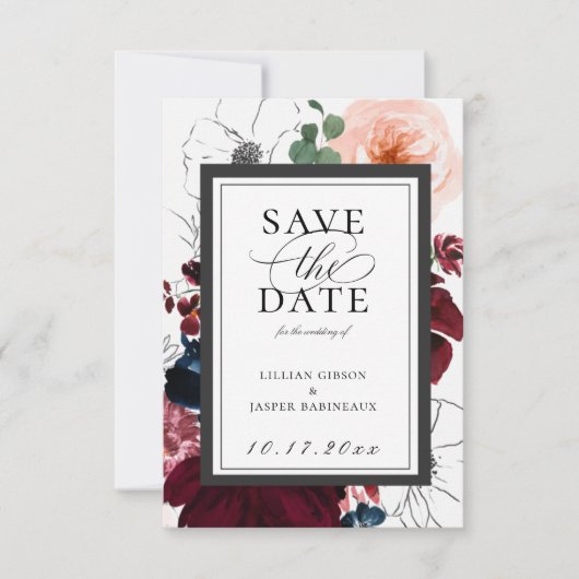 Burgundy Blush Navy Floral Save the Date Aankondiging (Voorkant)