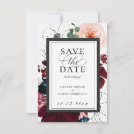 Burgundy Blush Navy Floral Save the Date Aankondiging
