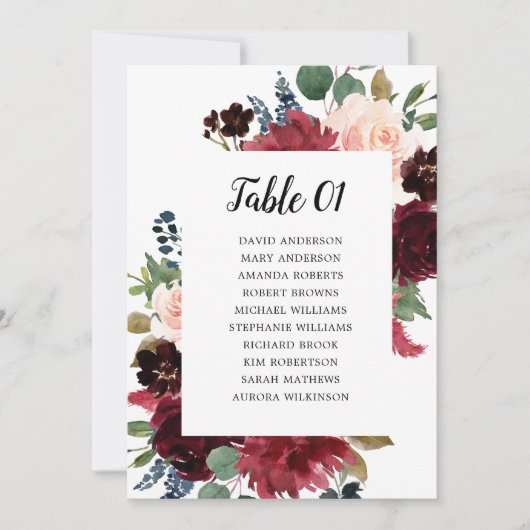 Burgundy Blush Navy Floral Seating Chart Card Kaart (Voorkant)