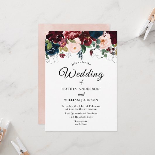 Burgundy Blush Navy Floral Waterverf Weddenschap Kaart (Voorkant / Achterkant in situ)
