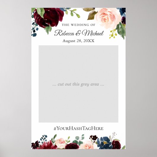 Burgundy Blush Navy Floral Wedding Photo Booth Poster (Voorkant)